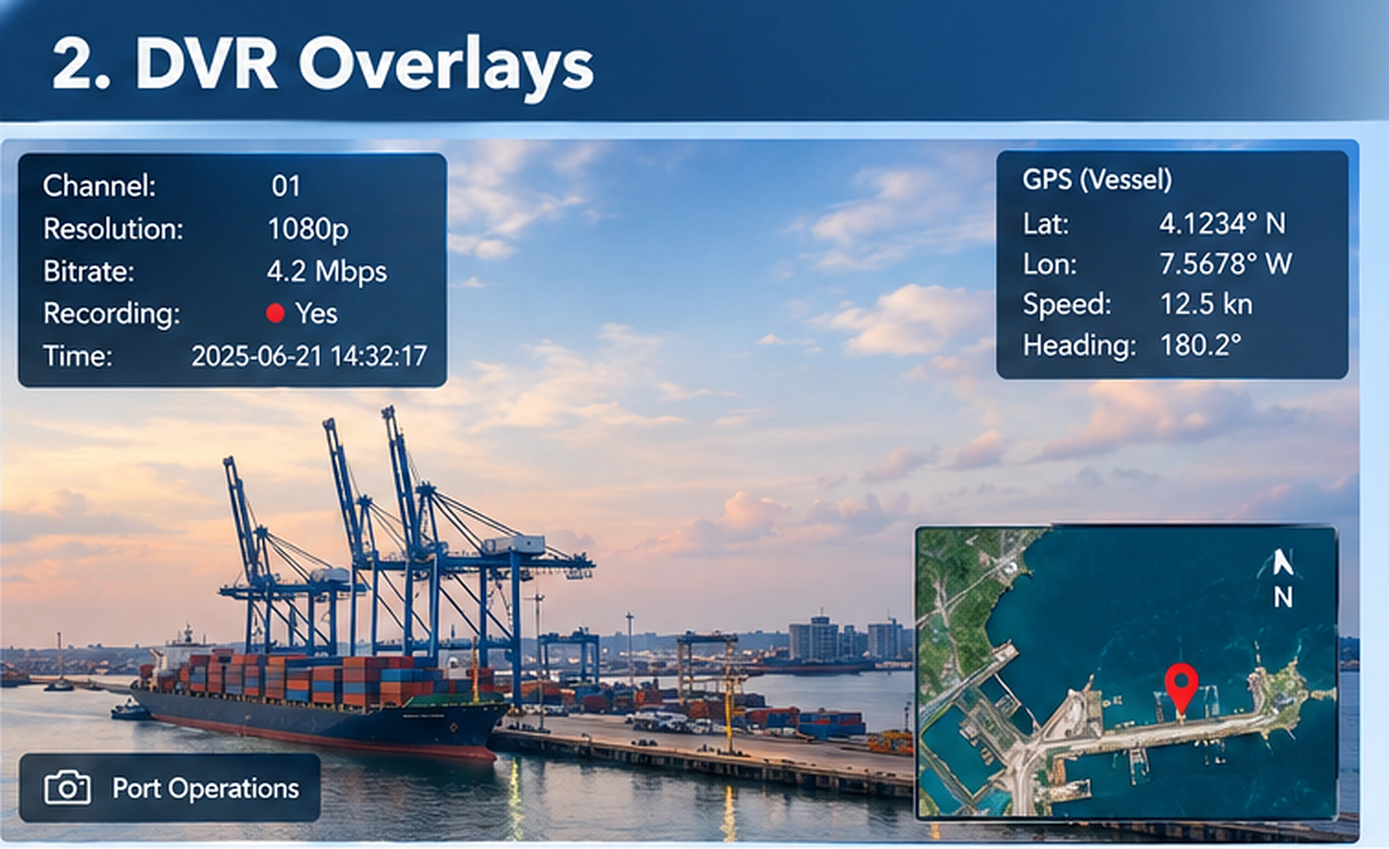Live video with channel, resolution, bitrate, and GPS telemetry overlays pinned on the frame