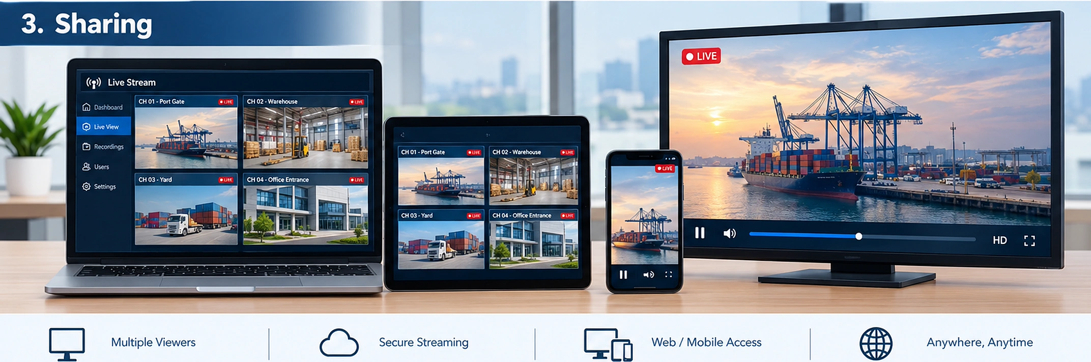 The same live view shared across a laptop, tablet, phone, and TV, with multi-viewer and secure streaming access